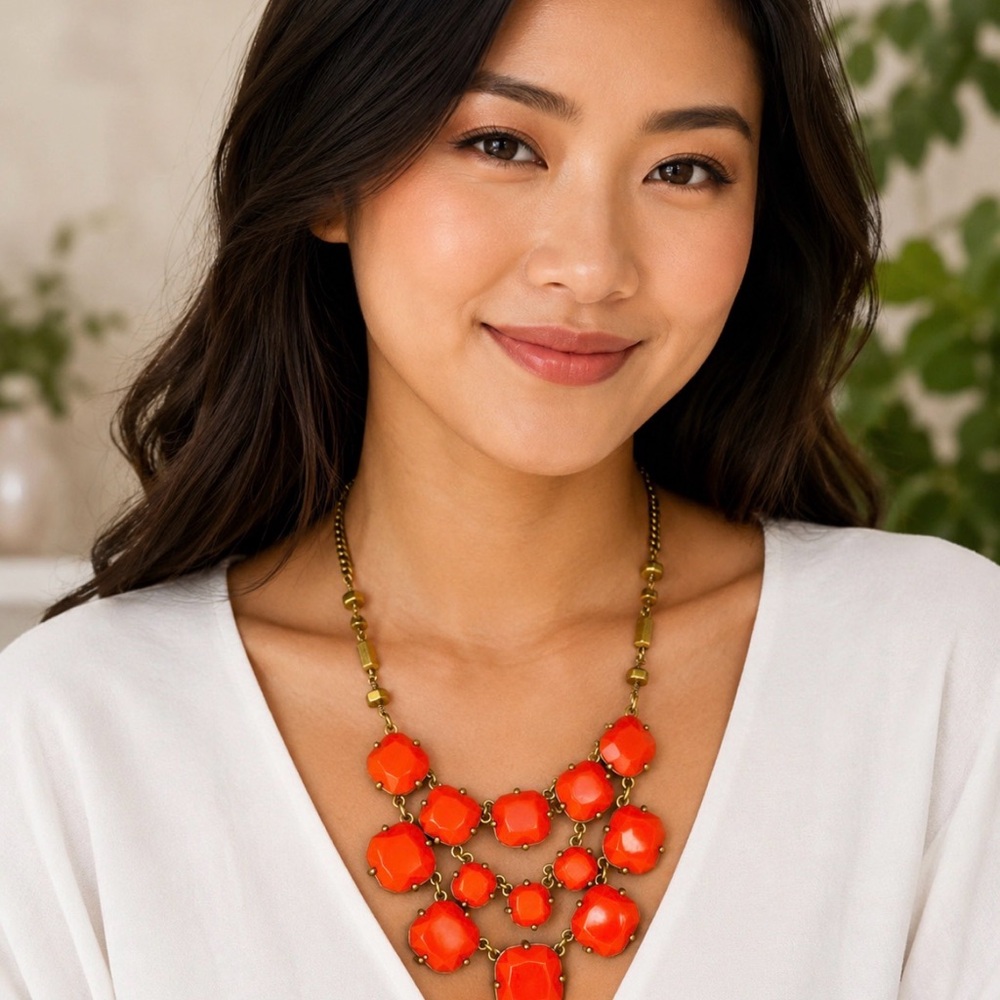 Stella & Dot Neon Coral Statement Necklace – 18” Gold Tone Bib Necklace